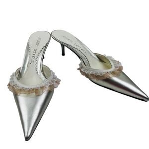 Jessica Bennett Vintage Silver Metallic Pointed Toe Ruffle Mules Women's 6.5